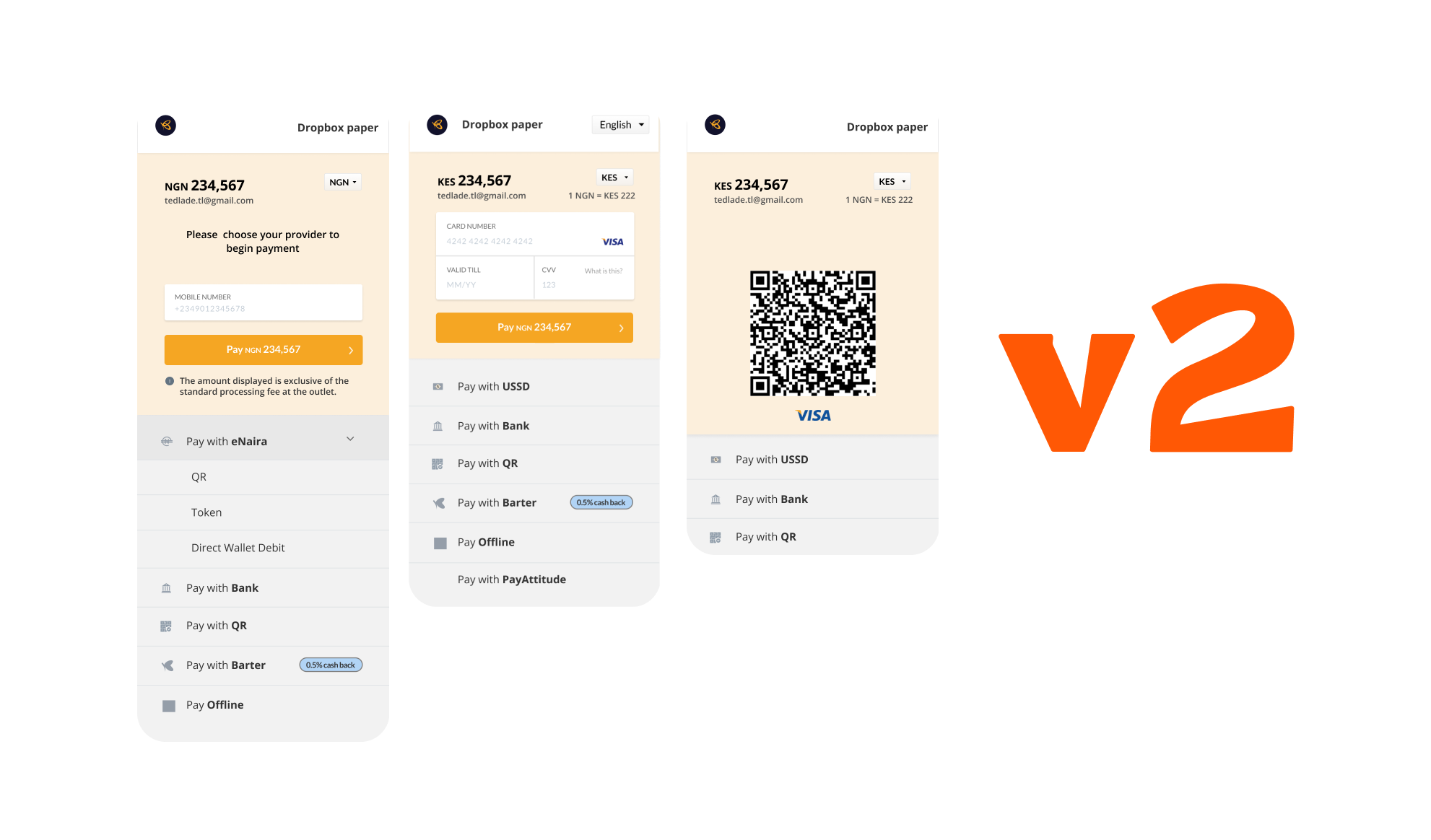 Stacked comparison of the legacy V2 checkout screens showing limited payment options and cluttered UI