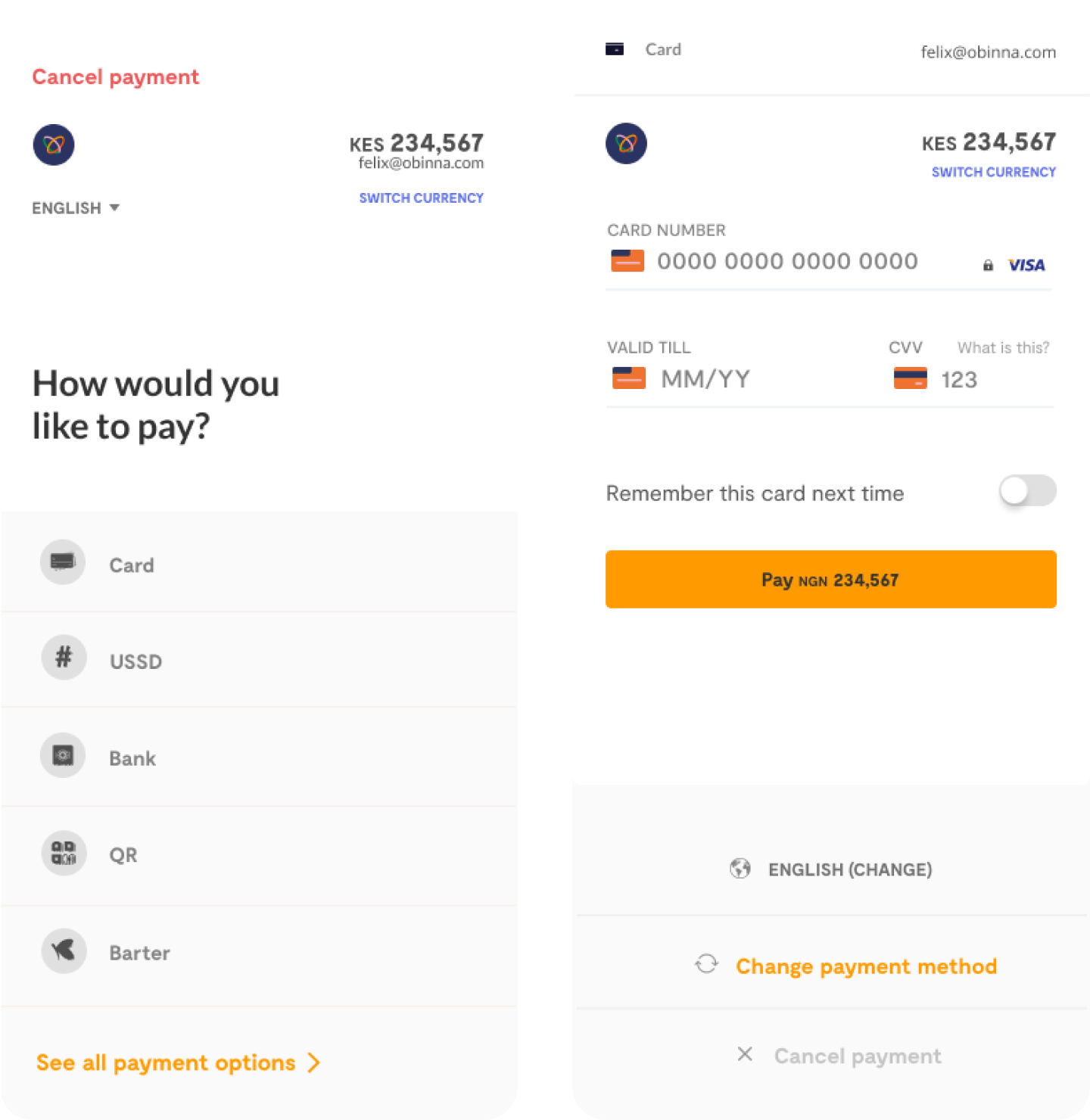 Card payment mobile screens