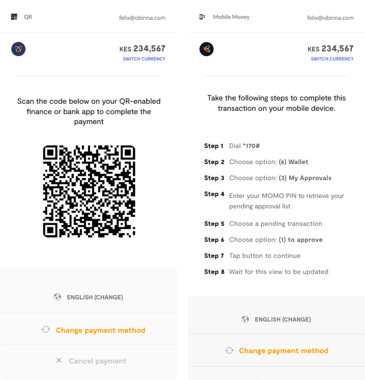 QR and Mobile Money status screens