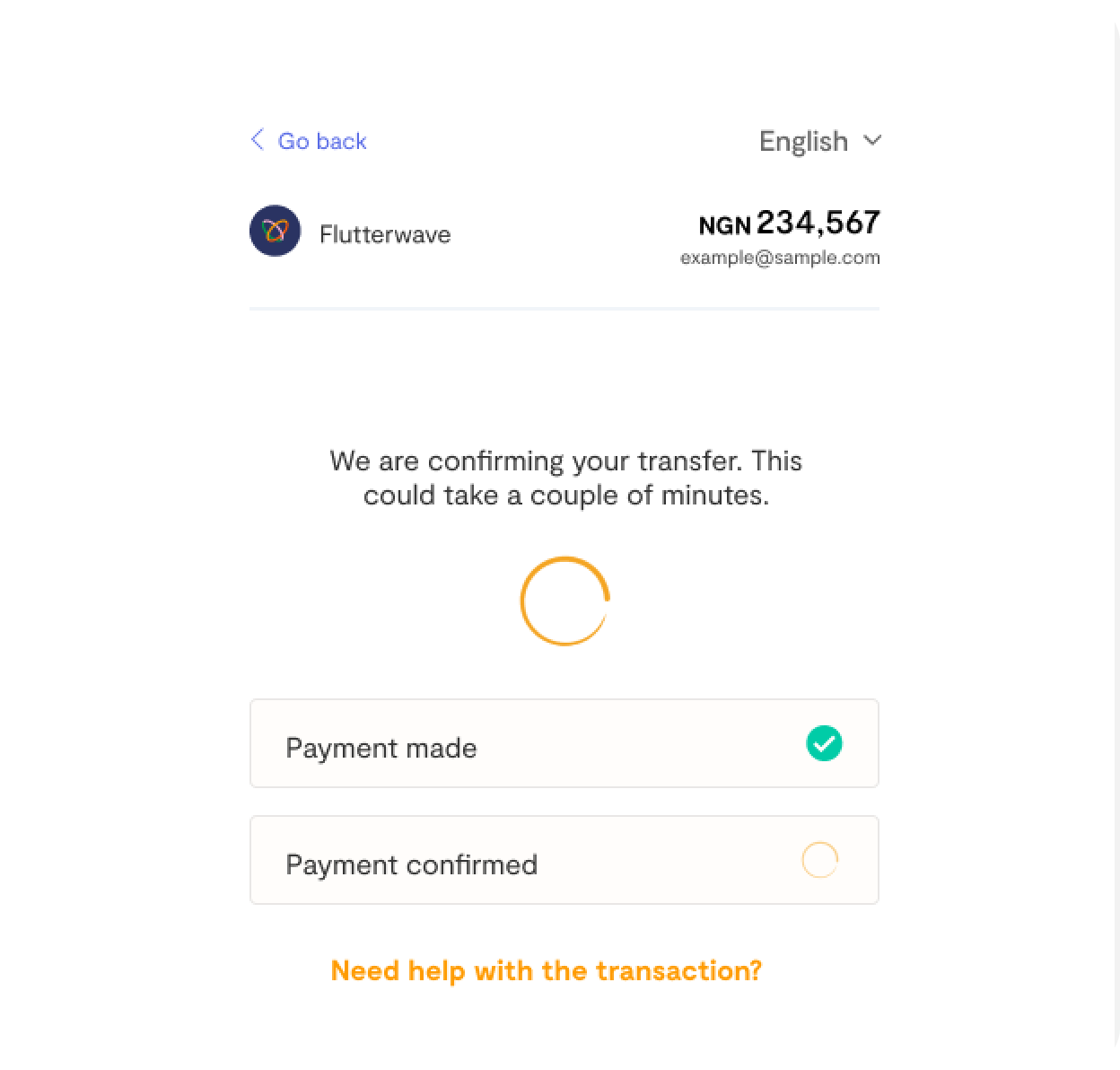 Bank transfer status screen