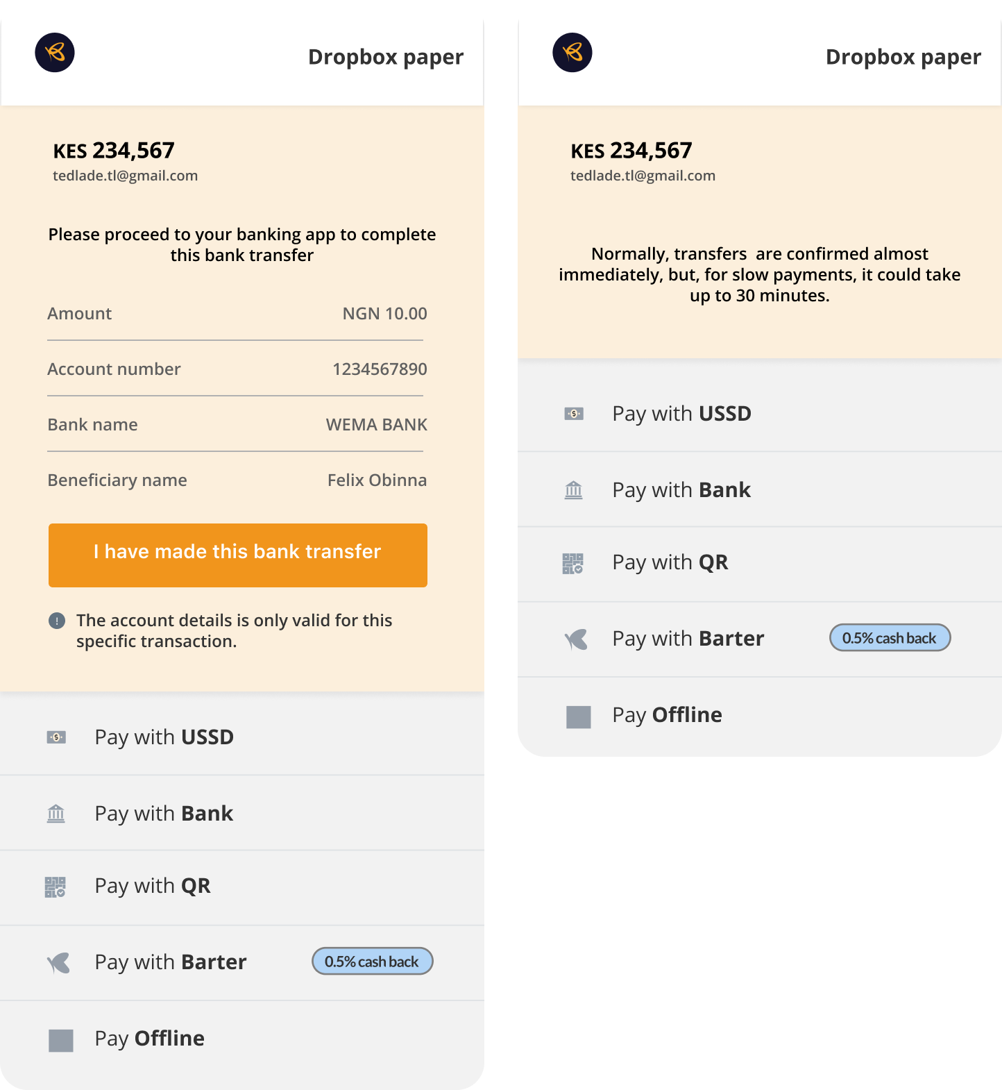 Payment flow mockups